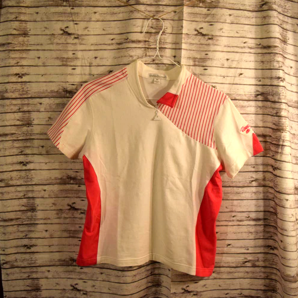 bette & court council fire pink and white golf polo